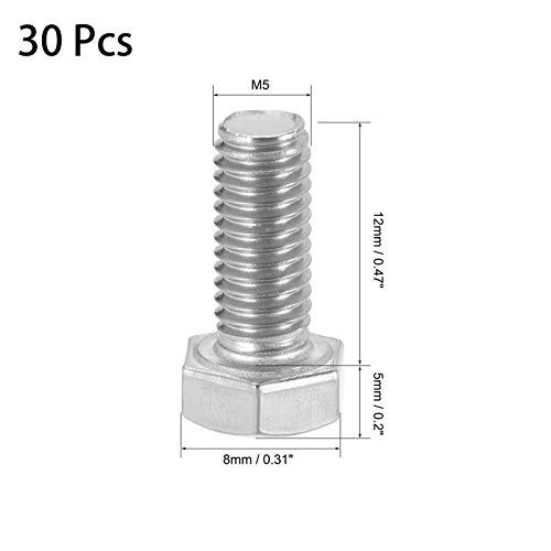 Image of 30 Pcs M5 Hex Bolt M5-0.8 x 12mm UNC Hex Head Screw Bolts A2-70(304) Stainless Steel Fully Threaded Hex Tap Bolts,Fully Threaded (M5 x 12mm)