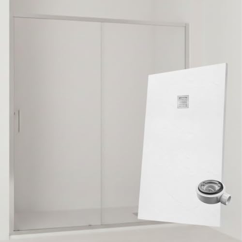 Pack Mampara Ducha Frontal Corredera + Fijo con Perfil inferior/Cromo 100 cm y Plato blanco irrompible ultraligero antideslizante 100X70cm