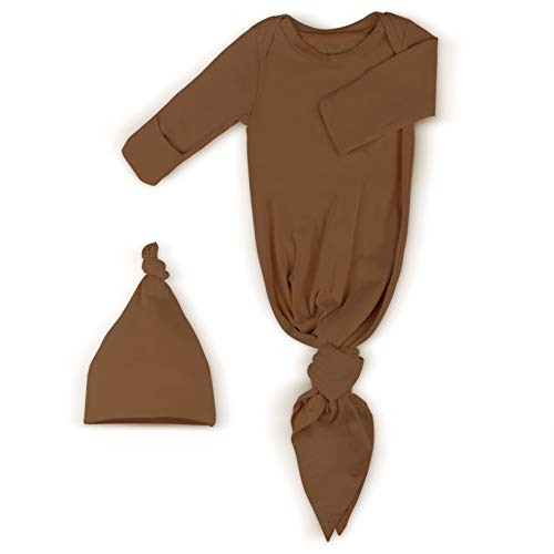 Baby Knotted Gown, Super Soft Newborn Cotton Infant Long Sleeve Sleeper for Baby Girl and Boy Sleepwear with Mittens and Hat Set (Extra Long), Gender Neutral First Outfit Pajama Clothes Light Brown