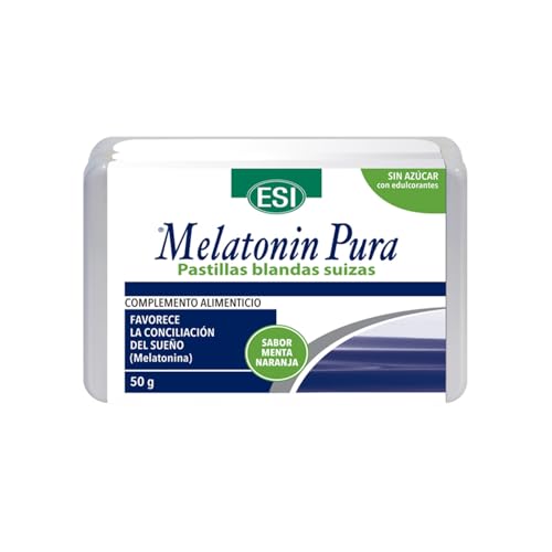 Melatonina pura 1mg – Pastillas blandas suizas con Stevia – Sin azúcar ni gelatina animal – Sabor menta-naranja – 50g – Complemento alimenticio para adultos y adolescentes – ESI