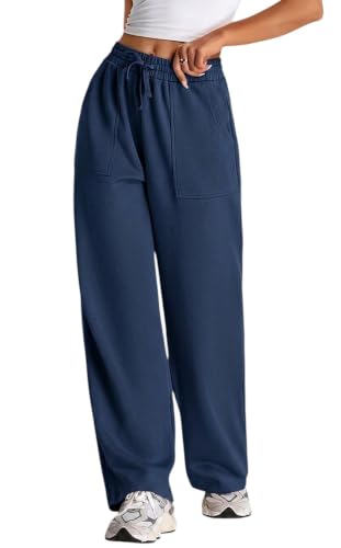 Image of Q - RIOUS Women's Wide Leg High Waisted Baggy Lounge Sweat Pants Drawstring Athletic Flared Joggers with Pockets