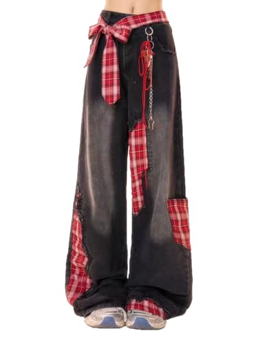 LAFOURAM Petite Jeans for Women 5 FT Short Wide Leg Baggy Y2K Bow Knot Plaid Patchwork Denim Pants