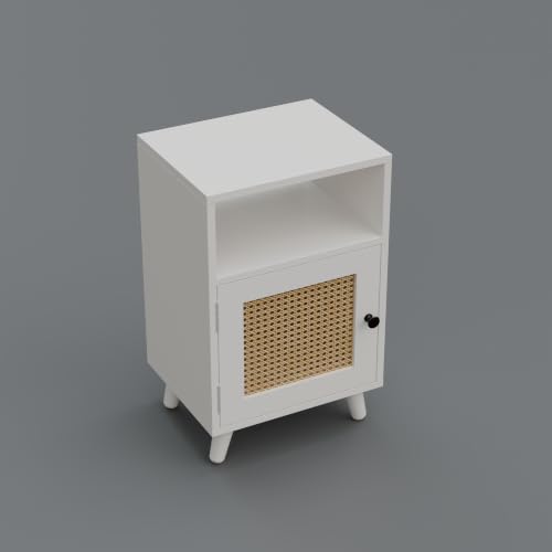 Image of Solid Sheesham Wood Bedside Table with Natural Cane Rattan Door & Open Shelf | Wooden Nightstand with Storage Cabinet | End Table for Bedroom (White)