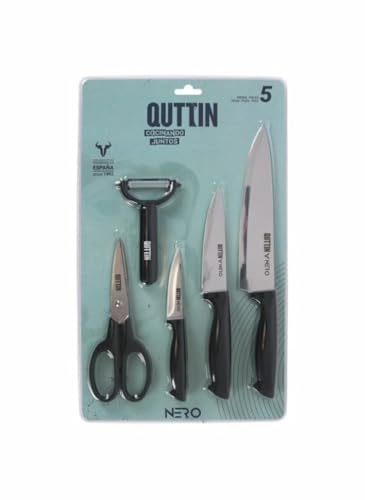 QUTTIN | Set di 5 Coltelli, Pelapatate e forbici Collezione Nero - Set di coltelli da cucina - Set di coltelli professionali - Set coltelli di qualità
