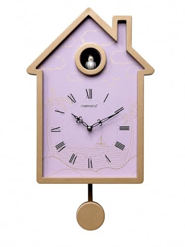 Image of CHRONIKLE Modern Stylish Non Ticking Silent Analog Hut Shape Wooden Cuckoo Wall Clock for Home, Living Room, Bedroom, Office, and Kitchen (Purple) (18 x 10 Inch : Weight - 2350 Grm)