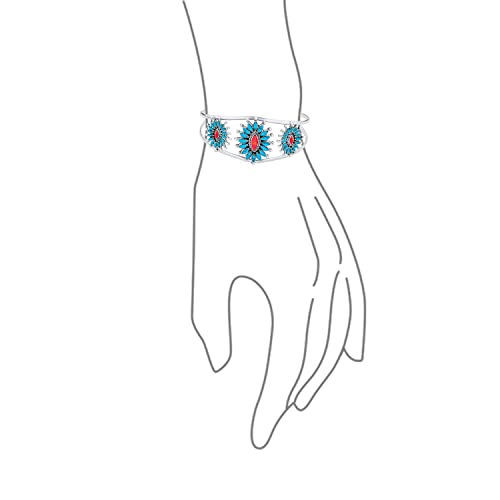 Personalize South Western Navajo Style Red Orange Coral Turquoise Zuni Needlepoint Jewelry Cluster Flower Blossom Statement Necklace or Wide Cuff Bracelet For Women .925 Sterling Silver Customizable4