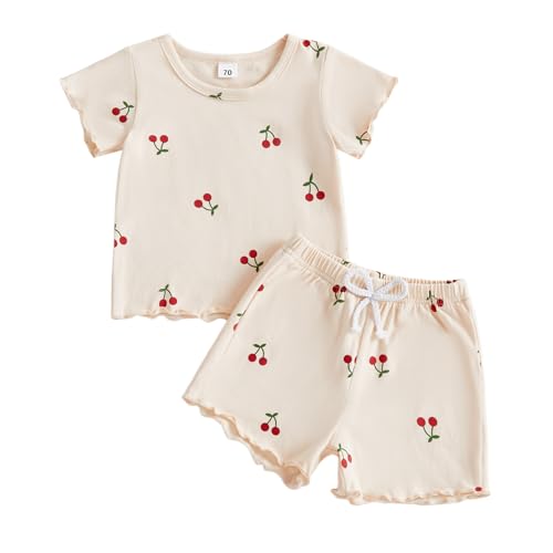 Image of Kupretty Toddler Baby Girl Summer Clothes Ruffle Ribbed Knit Short Sleeves T-Shirt Tee Tops + Shorts Cute Outfits Set