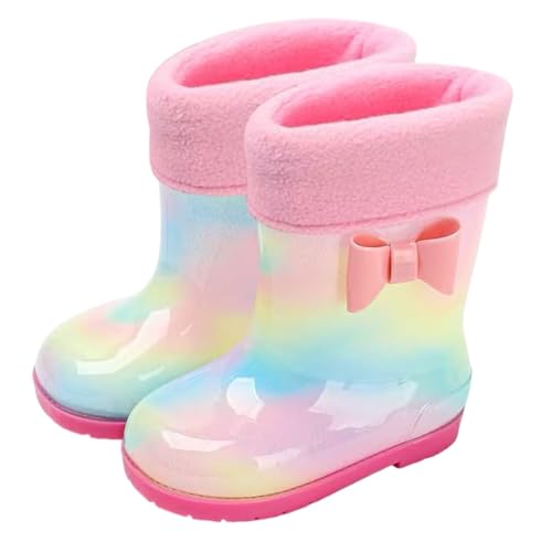 Mnplciea Winter Rainbow Toddler Rain Boots Girls Rain Boots with Warm Lining, Kids Bow Waterproof Boots