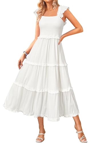 Newshows Women's 2025 Summer Wedding Guest Dress Ruffle Sleeve Smocked Square Neck Long Flowy Tiered Maxi Sundress