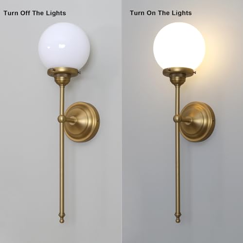 Image of Yosoan Indoor Milk Glass Wall Sconce Set of 2, Brass Modern Vintage Industrial Fixture Lights Hardwired with Round Glass Shade Lamp for Bathroom Mirror Living Room Bedside Bedroom Hallway(Antique)