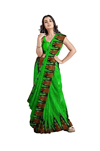 Image of Quetzal Women's Handloom Pure Cotton Sambalpuri Ikkat Katki Print Design Saree With Blouse Piece
