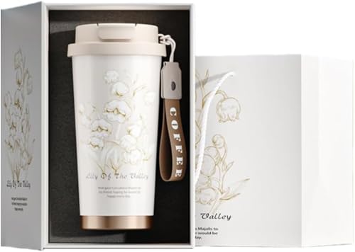 500ml スズランコーヒーカップ、316ステンレス鋼素材、保冷保温、真空断熱、漏れ防止、多層設計、カップ蓋付き、コーヒーカップ、ケトル、オフィス、アウトドア、レジャー、キャンプ、スポーツ、かわいい、絶妙な、高級ギフト (スズラン柄 - ホワイト,316ス