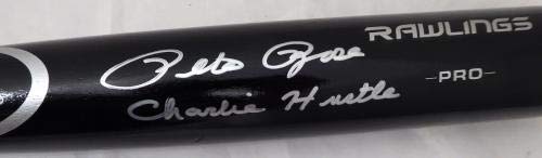 Pete Rose Autographed Black Rawlings Bat Cincinnati Reds "Charlie Hustle" Pr Holo Stock #178268 - Autographed Mlb Bats #TOP2