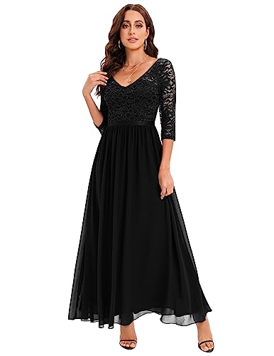 DRESSTELLS Damen Hochzeitskleider für Damen Chiffon Abendkleid Langarm Spitzen Brautjungfernkleid Lang Black L