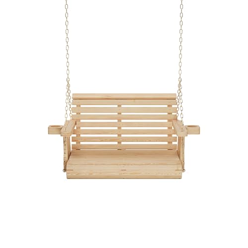 Image of Amish Casual Heavy Duty 700 Lb Capacity Porch Swing with Cup Holders (3 Foot, Unfinished) - Wooden Outdoor Roll Back Swing with Hanging Chains - Amish Made in the USA