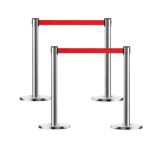 Poteaux de guidage argentés avec sangle rétractable de 1,8m et base lestée | Lot de 4