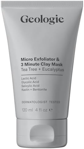 Geologie Micro Exfoliator & Clay Mask | 3-in-1 Deep Cleansing Face Wash, Pore Refining Mask & Skin Exfoliant | Tea Tree & Eucalyptus Scent For Men & Women | 4 fl oz