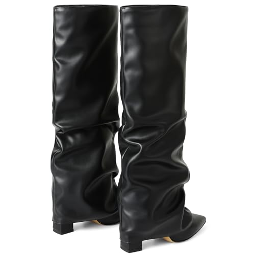 SaraIris Women's Slouchy Knee High Boots - Black, Pointed Toe, Fold Over, Chunky, Shark Boots4