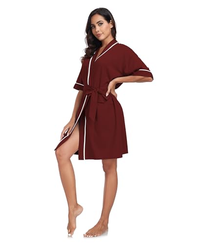 Image of ANLIQI Womens 100% Cotton Robes Lightweight Summer Short Sleeve Lady Bathrobe Knee Length Kimono Robe Sleepwear with Pockets