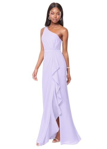 One Shoulder Bridesmaid Dresses for Women Ruffled Chiffon Long Formal Prom Party Dress with Split