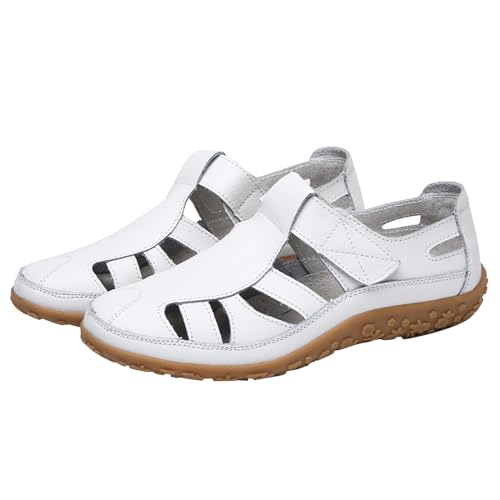 Sandalias de piel con puntera cerrada para mujer, con correa al tobillo, estilo bohemio, para playa, informales, cómodas, sandalias de gladiador, White, 39 EU