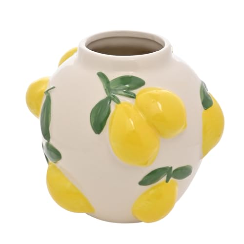 Hestia Vase Citron Avec Citrons Gaufrés - Vase en Céramique Style Méditerranéen pour Fleurs Fraîches ou Faux Fleurs Fantaisie Printemps Eté Décor Maison - H 12cm x L 12cm