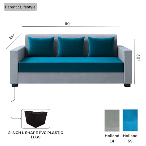 Image of FURNY Lexon 3 Seater Fabric Sofa Set (Aqua Blue-Light Grey) Premium Velvet Finish | Durable & Comfortable | Ideal for Living Room