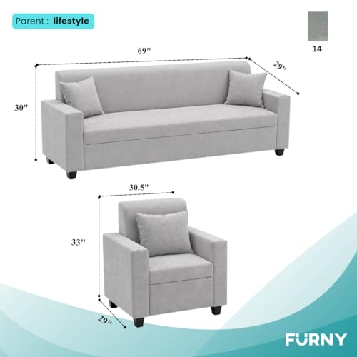 Image of FURNY QualityWood 3 Seater + 1 Seater + 1 Seater Fabric Sofa Set (Light Grey) with Velvet Finish | Durable Comfort | Ideal for Living Room