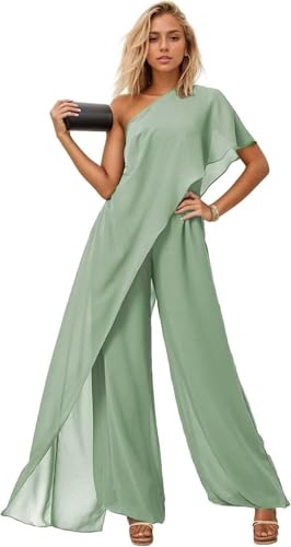 One Shoulder Mother of The Bride Pant Suits Jumpsuit Dressy Chiffon Ruffles Wedding Guest Formal Party Outfits Dusty Sage Size 2