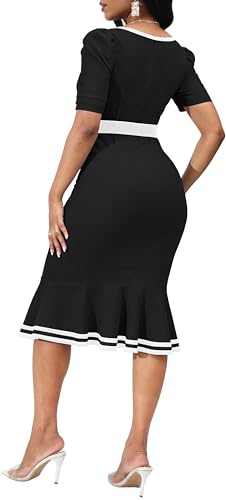 Image of SxClub Elegant Dress for Women Sexy 3 /4 Sleeve Business Knee Length Dresses Fishtail Zipper Belt