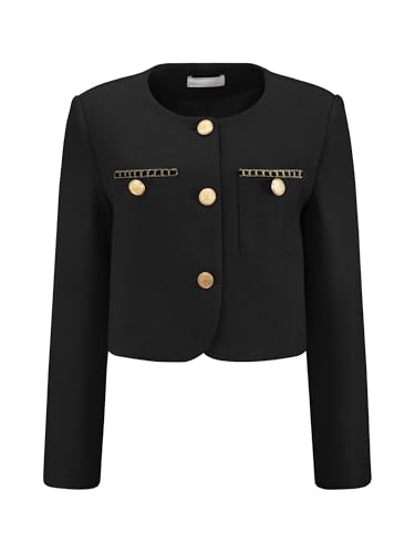 Women's Tweed Short Jacket Crewneck Button Down Long Sleeve Work Office Cropped Blazer