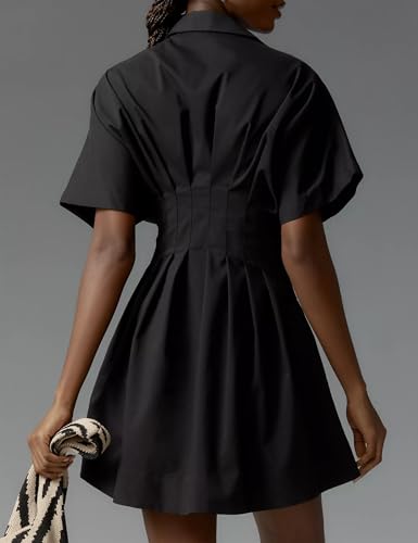 Summer Button Down Pleated Shirt Dress for Women Striped Print V Neck Short Sleeve Mini Dress Casual Corset Dresses4