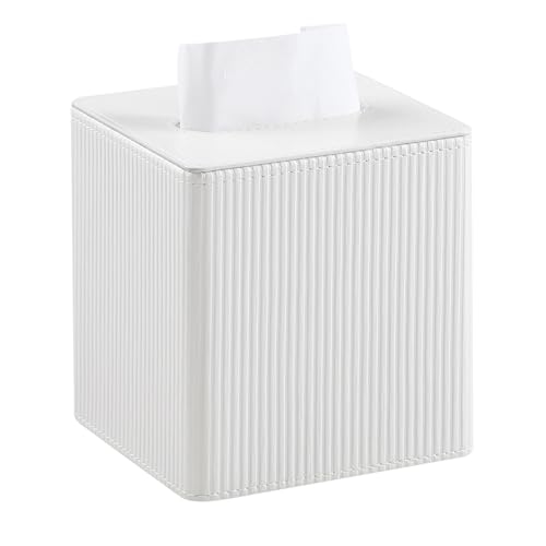 Cretkhp Tissue Box Cover Square with Magnetic Closure PU Leather Tissue Box Holder for Bathroom NightStands Livingroom Decorative Modern Square Tissue Holder (Ivory)