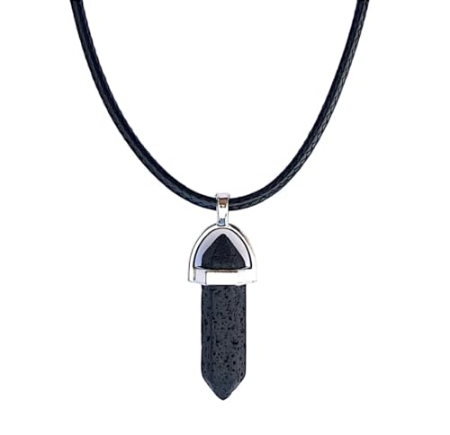 ASTER ALHELÍ - Colgante Hombre Mujer Piedra Volcánica Energética Natural con Collar Encerado de Cuero Negro y Cierre de Acero Inoxidable - Punta de Flecha Amuleto de Protección - Perfecto para Regalo