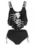 DRESSFO Women's Skeleton Skull Tankini Bikini Set – O Ring Asymmetric Swimsuit Black Small