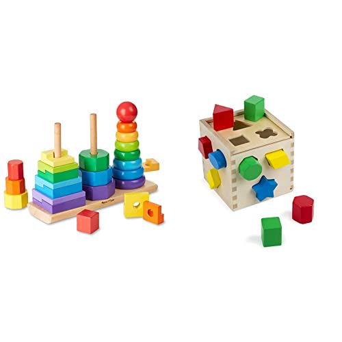 Melissa & Doug Geometric Stacker - Wooden Educational Toy & Shape Sorting Cube - Classic Wooden Toy with 12 Shapes