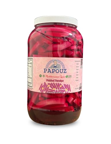 Pickled Turnips 1 Gallon/ 128 FL OZ, All Natural, Pink Color, Premium, Premier Product, Low Calorie, Gluten Free, Fat Free, No Preservatives, Low Sugar, Lebanese Style, Middle Eastern Cuisine, Snack or Side Dish, Family Recipe, Made By Papouz