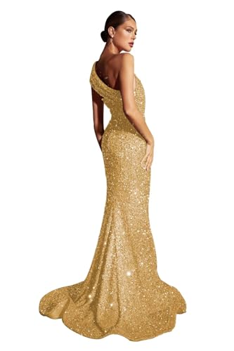 Mermaid Sequin Evening Dresses One Shoulder Formal Long Prom Party Gowns Sparkly V-Neck Homecoming Dress