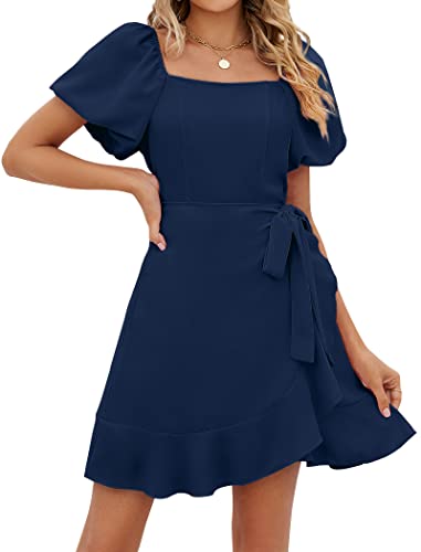 Image of Sampeel Womens Summer Dresses Square Neck Puff Sleeve Tie Waist Short Dress