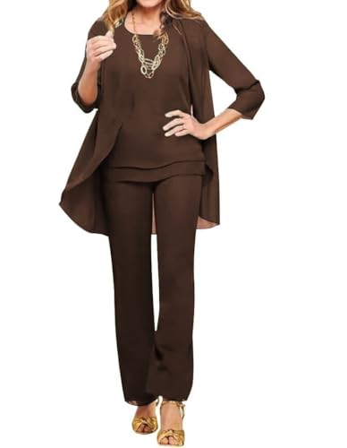 3 Piece Solid Color Cascading Ruffles Floor-Length Mother of the Bride Pant Suits with 3/4 Sleeve Outer Wear for Women