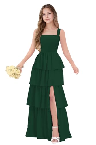 dideyttawl Junior Bridesmaid Dress Spaghetti Strap Square Neck Layered Chiffon A-Line Flower Girl Dress with Slit 2509