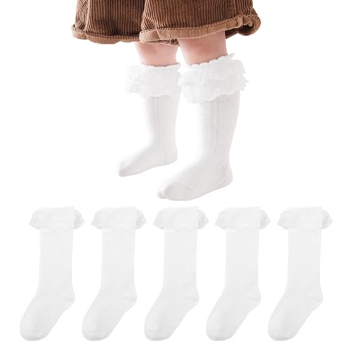 Meeshine 5 Pack Baby Girls Knee High Socks Infants Toddler Eyelet White Cotton Ruffle Mesh Double Lace Long Stockings 1-5T
