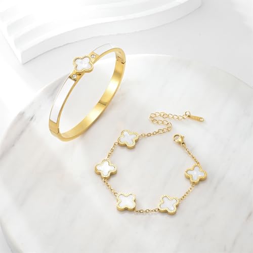 Clover Bracelet Set for Women – 18K Gold Plated Four Leaf Clover Bangle and Lucky Clover Bracelet Set - Lucky Clover Black/White Jewelry for Women4