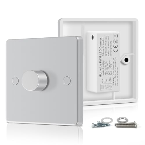 VIPMOON DC 12V 24V LED Dimmer Switch, PWM Push ON/Off Rotary Dimmer, Compatible with Single-Colour LED Strip Lights and Dimmable LED/Halogen/Ceiling Lights for Caravan, Camping, Marine Use, Silver