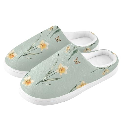 JUNZAN Cute Daffodils Sage Green Women Cotton Slippers Warm Memory Foam Bedroom Slippers for Hospital Christmas Presents 6-74