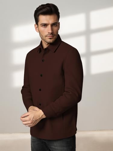 Image of CHKOKKO Men Tweed Modern Winter Coat Hip Length Single Breasted Overcoat With Spread Shirt Collar| Buttoned Cuffs And Front Side Pockets For Stylish Casual Or Formal Wear