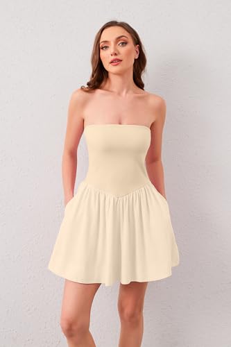 Image of Tube Top Dress for Women Summer Solid Strapless Flowy Mini Dresses Patchwork Pleated Drop Waist Flared Party Dress Beige, Large