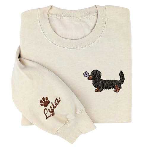 Custom Embroidered Dachshund Sweatshirt with Dog Name on Sleeve, Crewneck Sweatshirt, Wiener Dog Gift, Dachshunds Sweater for Women, Dachshund Mom Gifts, Wienie Shirt