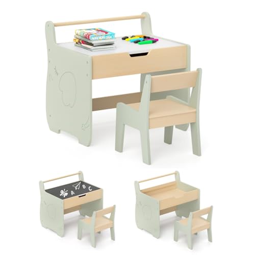 LIFEZEAL Tavolino e Sedia per Bambini 3+Anni, Tavolo con Lavagna Bifacciale, Contenitore Nascosto, Rotolo di Carta,...