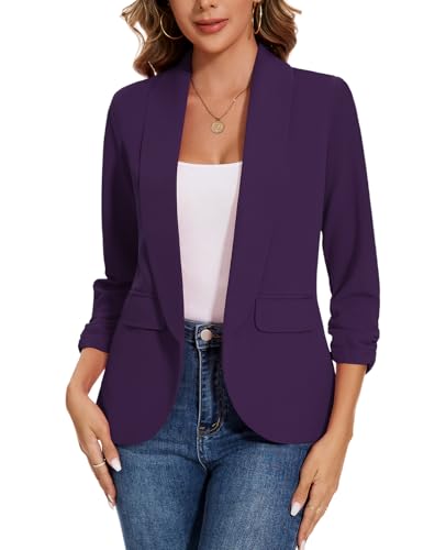 Women's Casual Open Front Blazers Shawl Lapel Ruched 3/4 Sleeve Office Lightweight Blazer Jackets with Pockets4